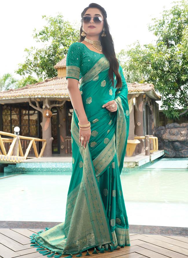 Sattin Silk Teal Wedding Wear Weaving Saree